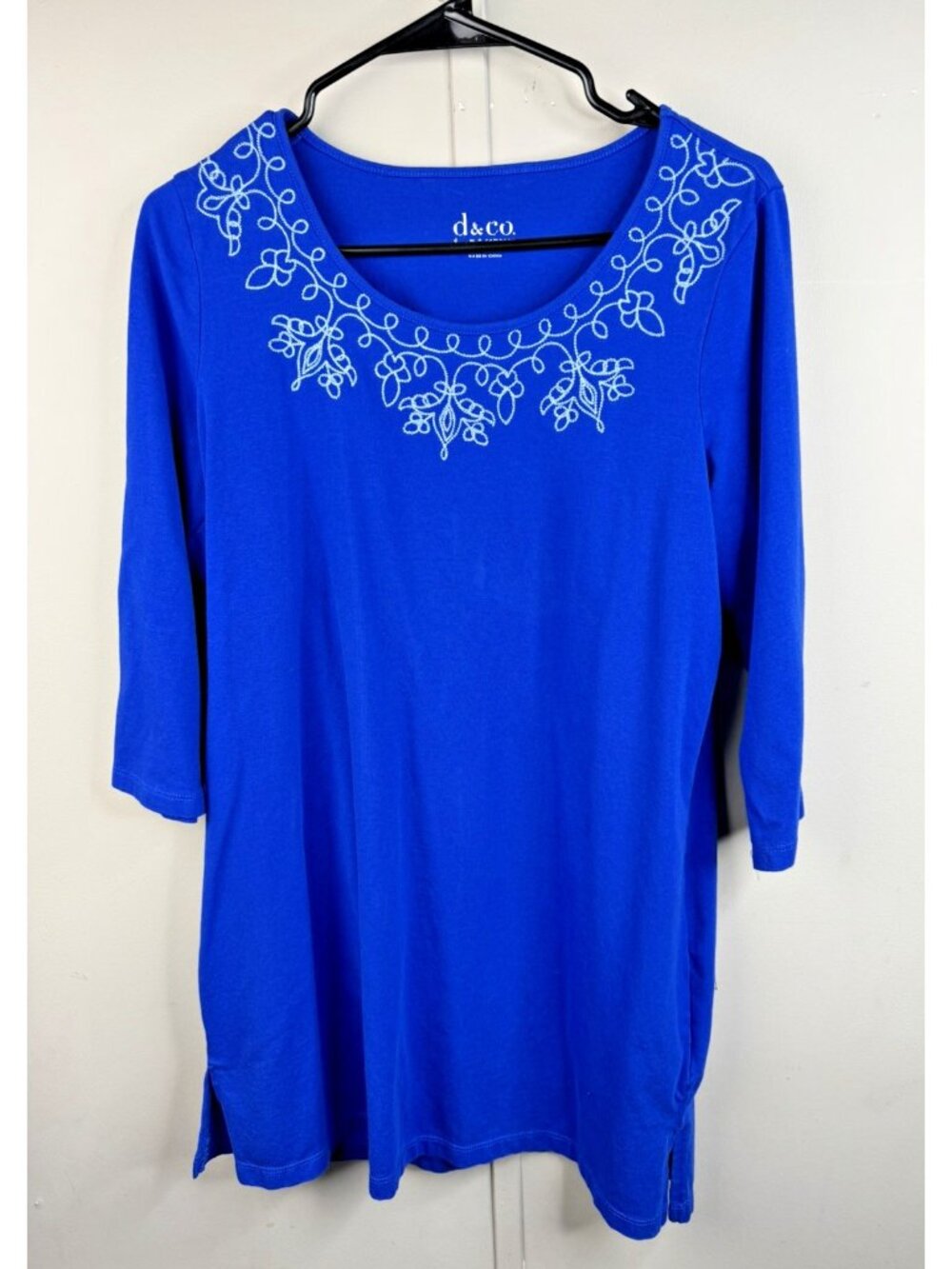 Denim & Company Size XS Womens Blue Tunic Top Embellished Scoop Neck 3/4 Sleeve